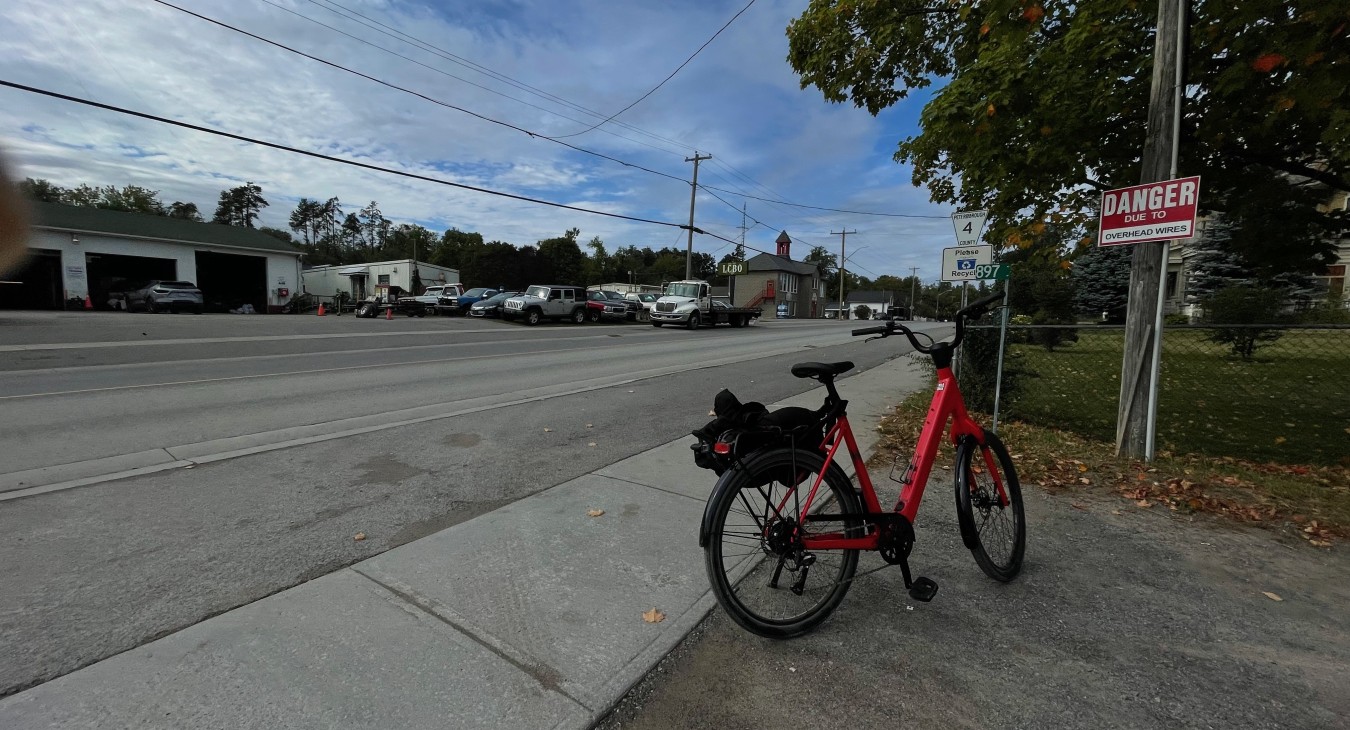 red ebike in small Ontario village